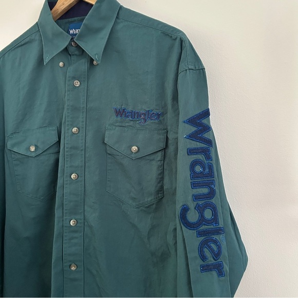 Men’s Large Wrangler Teal Western Shirt 100% Cotton - Picture 1 of 5